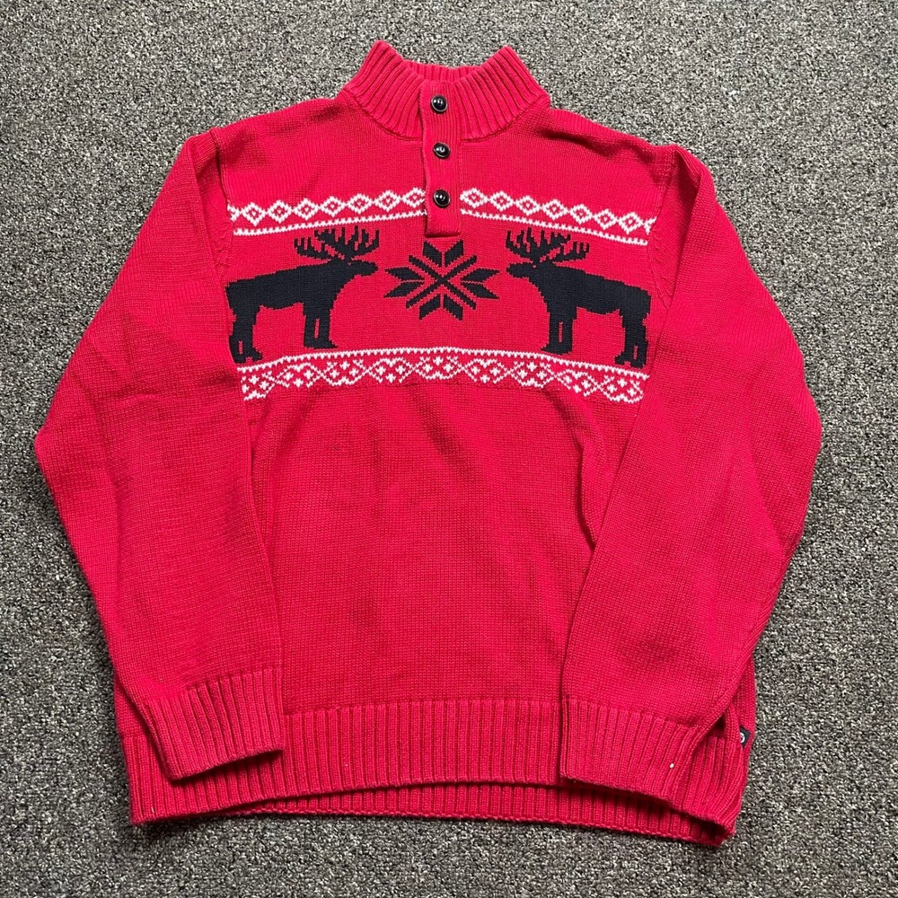 Chaps Mens Red Fair Isle Moose Snowflake Quarter Button Mock Neck Sweater L